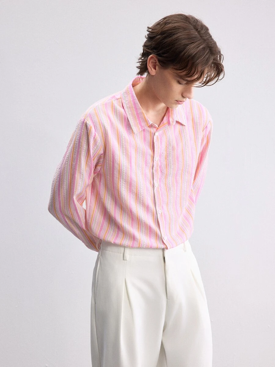 RONVEXI Men's Striped Casual Long Sleeve Shirt For Daily Wear - Multicolor - View 1