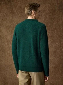Manfinity CityGents Men's Ribbed Minimalist Button Half-Placket Long Sleeve Sweater - Dark Green - View 3