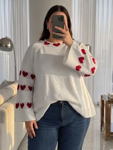 GlowEve CURVE Autumn/Winter Plus Size Heart Contrast Color Straight Sleeve Crew Neck Loose Slouchy Versatile Pullover Knit Sweater - White - View 7