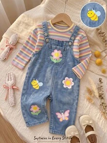 Cozy Pixies Baby Girl Floral Pattern Casual Daily Innovative Cup Strap Denim Jumpsuit - Blue - View 2