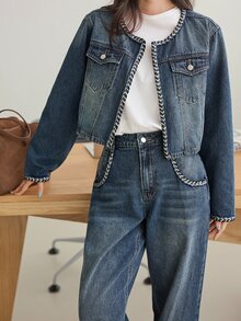 DAZY Women's Open Front Long Sleeve Jacket And Pants Casual Daily Denim Set - Medium Wash - View 6