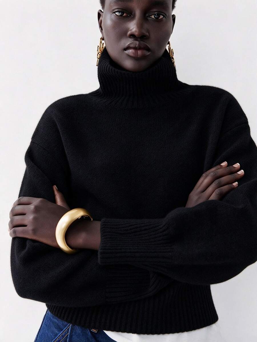 Lumivelle Women's Ribbed Fashion High Neck Long Sleeve Sweater - Black - View 1