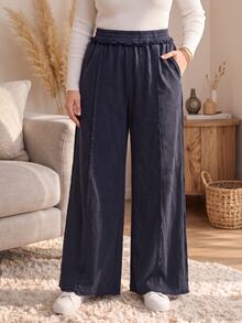 Rosumi Women's Plus Size Solid Color Casual Daily Wear Long Pants Fall Winter 2026 Loose-Fitting Dark Blue Washed Trousers - Blue - View 5