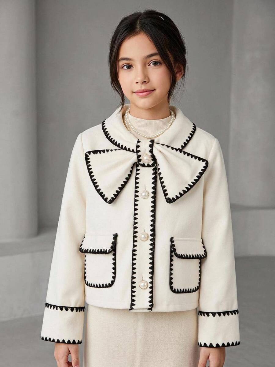 SHEIN Tween少女/青少年女孩秋冬優雅黑色貝殼邊飾奶油白短款大衣,返校季加厚冬季外套 - 杏色 - 查看 1