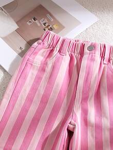 SHEIN Playful Pals Girls' Denim Jeans, All-Season New Style, Cute Vintage Pink Denim, Elastic Waistband Design, Pink And Magenta Colorblock Striped All-Over Print, Straight Leg Wide Leg Fit, Fashionable Versatile, Soft And Comfortable Fabric, Suitable For Daily Wear, Gatherings And Other Occasions, All-Season New Girls' Denim Jeans - Pink - View 4