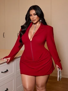 NU&NOW Plus Size Ruched Bodycon Blazer Collar Sexy Elegant Dress Fall - Burgundy - View 2