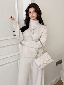 Feyla Women's Solid Color Turtleneck Long Sleeve Sweater And Knitted Pants Casual Set - Apricot - View 5