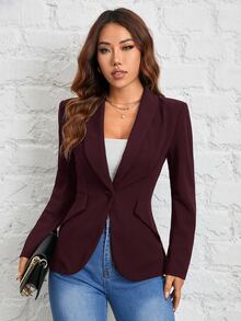 SHEIN PETITE 適合通勤的夏季穿著，女款黑色單扣披肩領西裝外套，商務休閒優雅風，適合嬌小身型，教師節辦公商務穿搭 - 紫紅色 - 查看 5