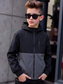 SHEIN 兒童青少年男孩休閒保暖內裡加厚連帽外套，適合通勤、上學、日常休閒、度假、旅行、運動，適用於秋冬季節，冬季外套，羽絨外套，填充外套 - 黑色 - 查看 5