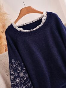 CosyJoli 大尺碼女款花卉刺繡插肩袖休閒寬鬆套頭毛衣，秋冬季 - 藏蓝色 - 查看 4
