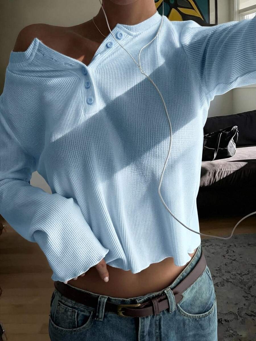 Livesso 女款圓領短袖白色純色寬鬆落肩休閒極簡風T恤 秋季 - 淺藍色 - 查看 1