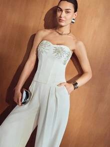 MOTF PREMIUM Jumpsuit bustier lễ nghi nhẹ thêu dày cho nữ, thu/đông - Màu be - Xem 4