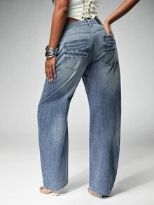 Denimoi Women's Fashion Street Button Pocket Jeans - Light Wash - View 5