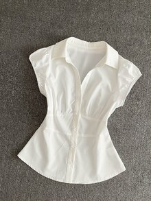 IslaSuriya 女款純色包袖前排扣簡約設計夏季休閒襯衫 - 白色 - 查看 3