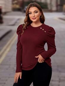 SHEIN Clasi Plus Size Button Details Puff Sleeve T-Shirt Fall - Burgundy - View 4