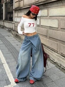 StreetHx Light Blue Washed Asymmetrical Waist Deconstructed Wide Leg Denim Jeans With Side Cargo Pockets, Streetwear Asymmetrical Floor-Length Pants - Light Wash - View 5