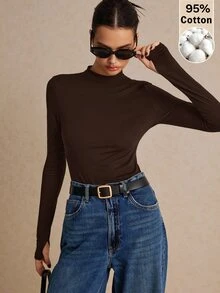 Poéselle 女款高彈力針織 100% 棉高領 T 恤 素色基礎打底上衣 百搭四季開學季衣櫥必備日常款 - 棕色 - 查看 6