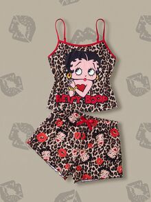 Betty Boop x SHEIN Women's Leopard Print & Letter Print Camisole Top And Shorts Pajama Set Betty Boop - Brown - View 1
