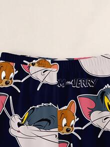 TOM & JERRY X SHEIN طقم كنزة رياضية بأكمام طويلة مطبوعة برسومات كرتونية وسروال ضيق للأولاد الصغار - أبيض - مشاهدة 6
