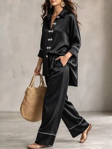 Linhara CURVE Women's Fashion Casual Long Sleeve Lapel Contrast Color Frog Button Satin Blouse And Elastic Waist Wide Leg Pants 2 Pieces Set, Suitable For Daily Commute And Outing Wear - Black - View 9