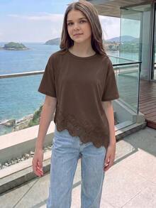 SHEIN Tween女孩 34%棉 素色圓領落肩短袖休閒寬鬆不對稱下擺T恤 夏季 - 棕色 - 查看 4