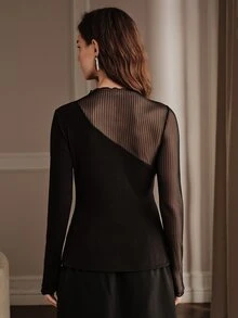 Anewsta Women's Mesh Patchwork Slim Fit Versatile Long Sleeve Top For Daily Wear - Black - View 2