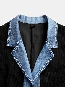 Linhara CURVE Spring/Autumn Corduroy Patchwork Denim Contrast Color Personalized Commuter Casual Elegant Plus Size Blazer - Black - View 7