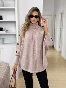 Easowa 女款高領不對稱下擺裝飾鈕扣蝙蝠袖保暖休閒通勤辦公戶外秋季長袖上衣 淡粉色 - 卡其色 - 查看 1