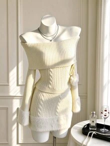 Elamini Women's Autumn/Winter Off-Shoulder Pom Pom Knit Top & Bodycon Fuzzy Patchwork Skirt - Apricot - View 1