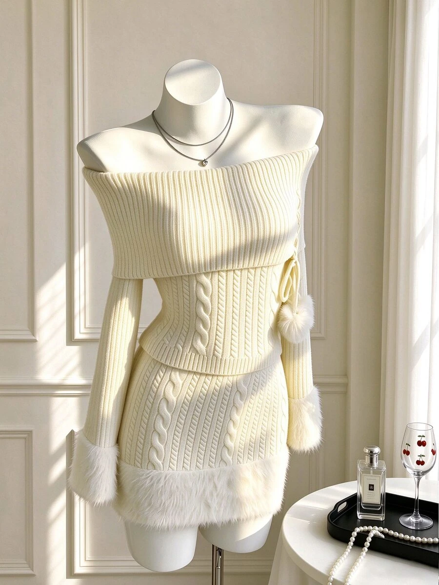 Elamini Women's Autumn/Winter Off-Shoulder Pom Pom Knit Top & Bodycon Fuzzy Patchwork Skirt - Apricot - View 1