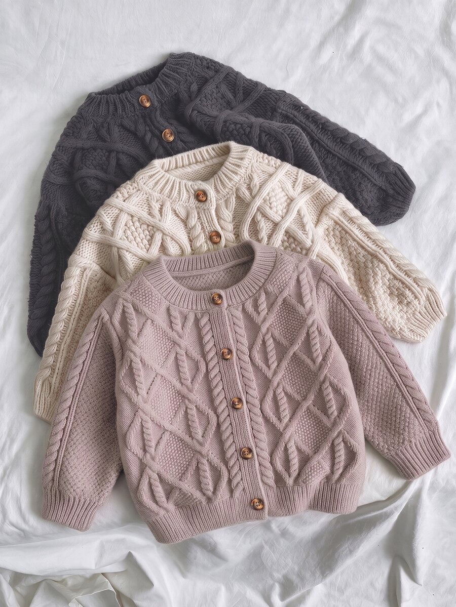 SHEIN 女童純色針織圓領花瓣袖休閒開襟外套 秋冬毛衣 - 卡其色 - 查看 1