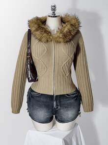 SHEIN ICON Women's Plus Size Zipper Faux Fur Hooded Knit Sweater - Khaki - View 12