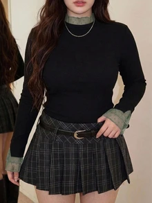 REIGN AVE Contrast Lace Elegant Fitted Black Long Sleeve T-Shirt Fall Brunch Party - Black - View 4