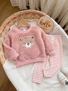 SHEIN Bộ áo nỉ họa tiết hoạt hình xù xì dễ thương & quần dài cạp chun cho bé gái, mùa thu/đông - Màu Khaki - Xem 3