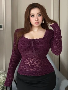 Dazy Plus Áo ngủ ren thanh lịch có đệm ngực, màu tím quyến rũ - Màu đỏ tím - Xem 4