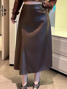 Dazy Plus Autumn/Winter High Waist Button Decor Solid Color A-Line Commuter Style Long Skirt - Brown - View 5