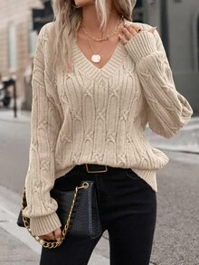 SHEIN VCAY Plus Size Women's Retro High Neck Turn Collar Pullover Sweater For Commuting - Apricot - View 4