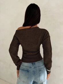 Aloruh 女款秋冬露肩修身花卉灰色長袖針織衫 - 咖啡棕 - 查看 2