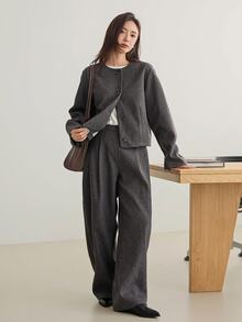 Dazy-Less Women's Solid Color Long Sleeve Single-Breasted Jacket And Pants Casual 2 Pieces Set - Grey - View 5