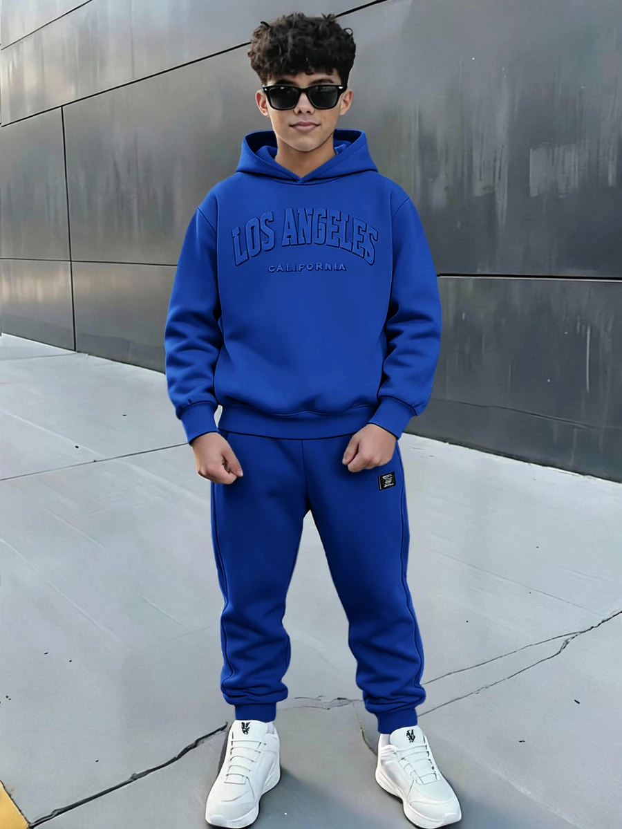 SHEIN 青少年男孩拼色寬鬆長袖連帽衫套裝,冬季,街頭風,畢業,返校 - 藏蓝色 - 查看 1