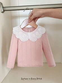 Cozy Pixies Baby Girl Decorative Ruffle Collar Round Neck Long Sleeve Pullover Top Solid Color Versatile Comfortable - Baby Pink - View 3