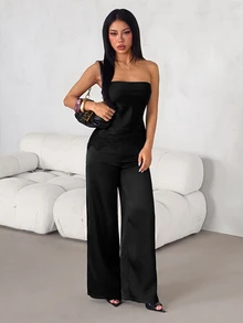 SHEIN PETITE Women's Satin & Lace Patchwork Bandeau Top And Long Pants 2 Pieces Set - Black - View 4