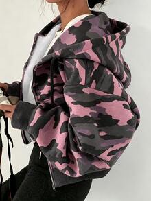 SHEIN x Carly Lawrence INAWLY 女款迷彩休閒日常穿著連帽衛衣 - 灰色 - 查看 1