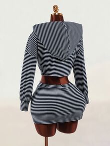 Mistrie Women's Striped Zipper Front Cropped Hoodie, Cropped Halter Top And Skirt Set - Multicolor - View 2