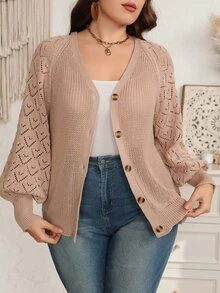 EMERY ROSE Plus Size Women's Solid Color Casual Versatile Daily Outing Cardigan Fall Winter 2026 Khaki Cardigan Casual Autumn And Winter Sweater - Brown - View 6
