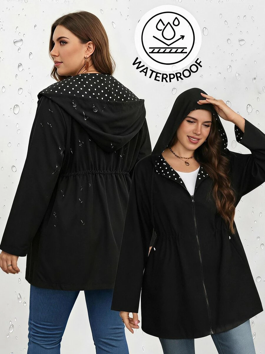 EMERY ROSE Women's Plus Size Reversible Casual Jacket Fall Winter 2026 Polka Dot Black Reversible Hooded Jacket - Black - View 1