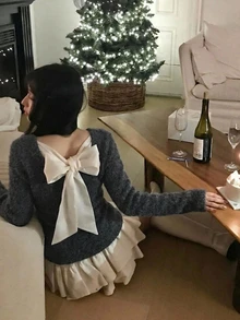 DAZY 女款蝴蝶結綁帶長袖拼色韓風針織衫 - 灰色 - 查看 2