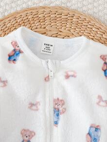 SHEIN 新生兒男嬰女嬰秋冬款可愛休閒卡通熊圖案毛茸茸連帽連腳連身衣 中性嬰兒冬裝 - 彩色 - 查看 5