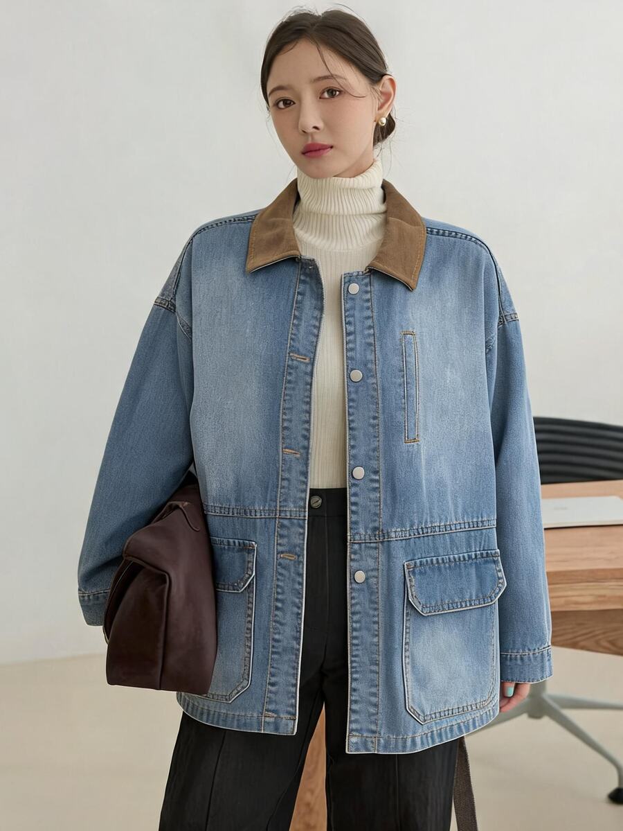 Dazy-Less Women's Colorblock Drop Shoulder Long Sleeve Single-Breasted Casual Denim Jacket - Light Wash - View 1
