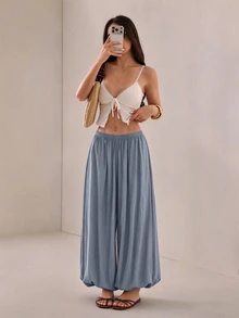 SHEIN PETITE 2026 女款春夏度假系列：優雅橄欖綠寬鬆喇叭褲，適合嬌小女性 - 藍色 - 查看 7